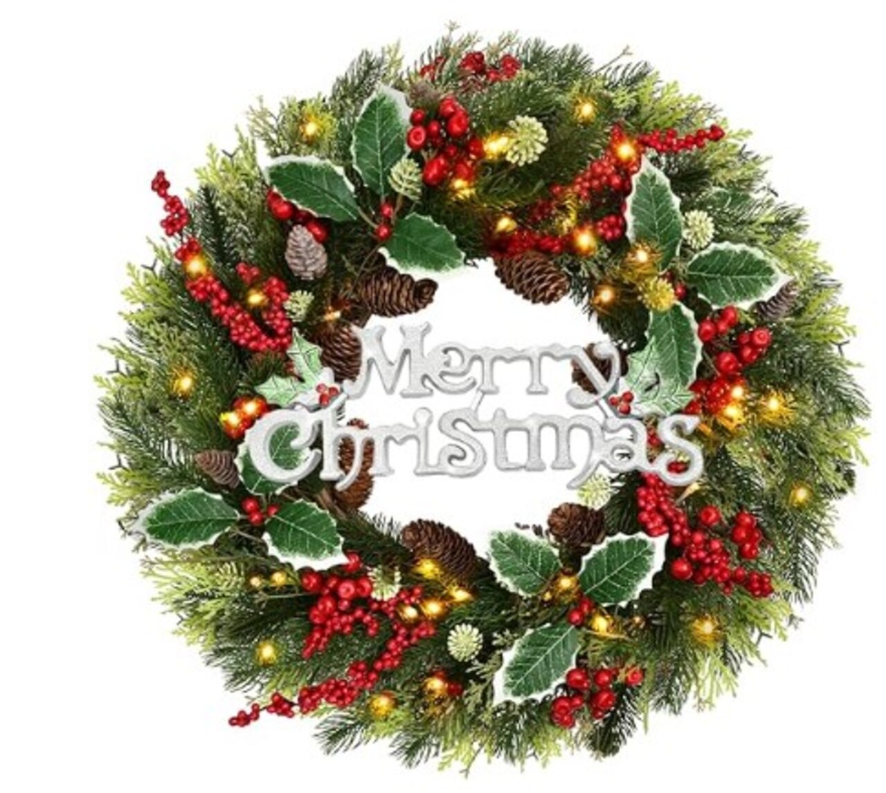 Christmas Decorations, Pre-Lit Christmas Door Wreath with Lights for Outdoor Window Wall Xmas Winter Decor, 24 Inch Lighted Christmas Wreaths for Front Door